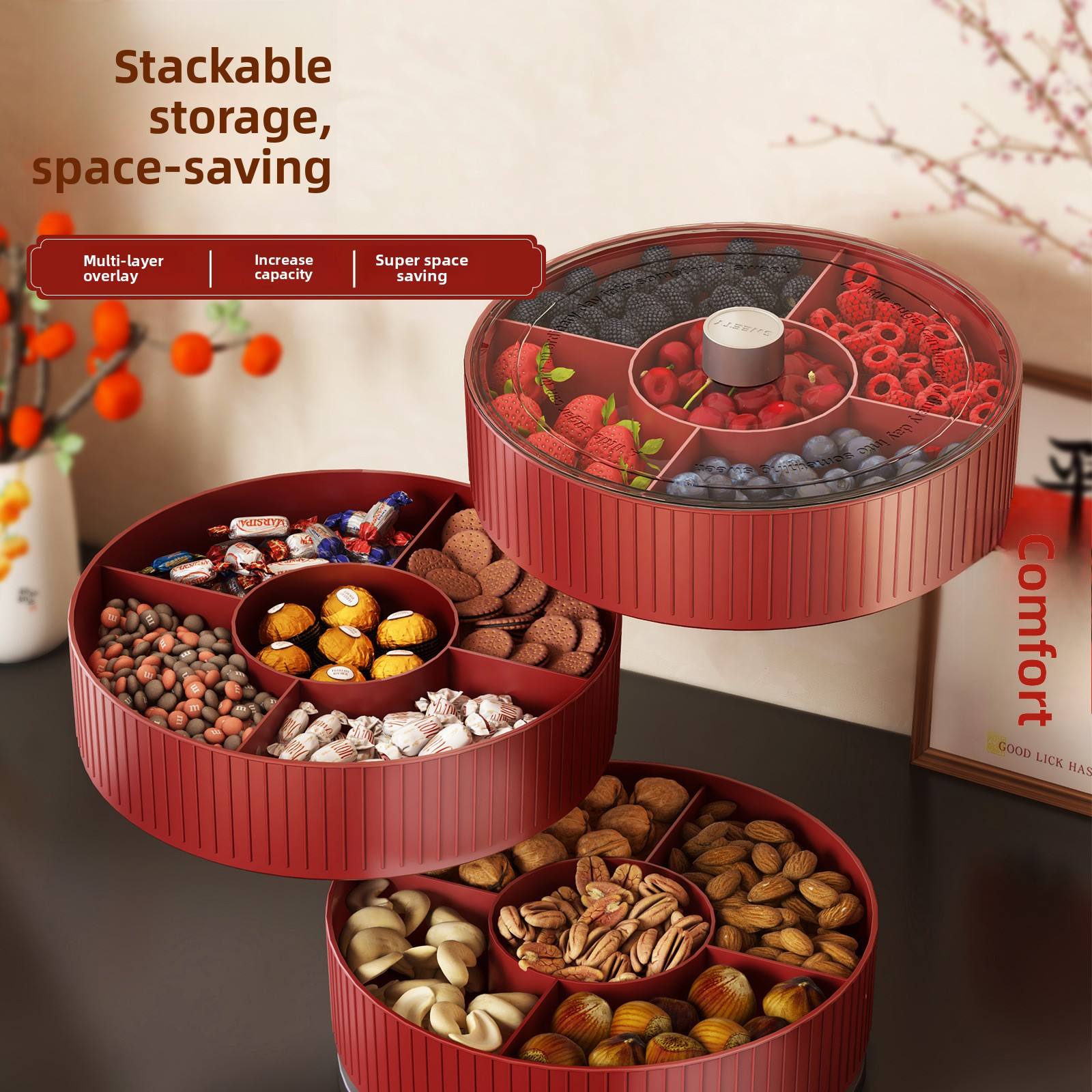 Chinese-Style Divided Snack Tray - Round Plastic Serving Platter for Nuts, Fruit & Candy