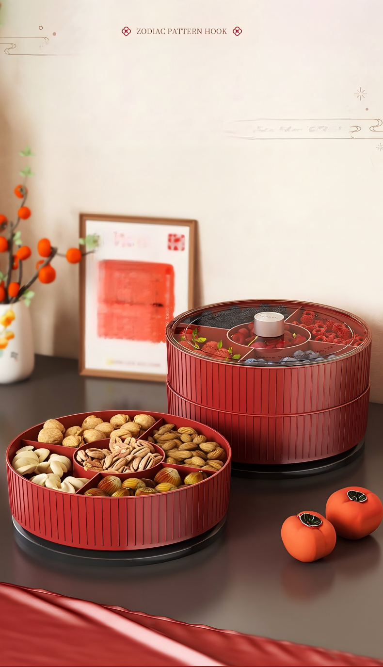 Chinese-Style Divided Snack Tray - Round Plastic Serving Platter for Nuts, Fruit & Candy