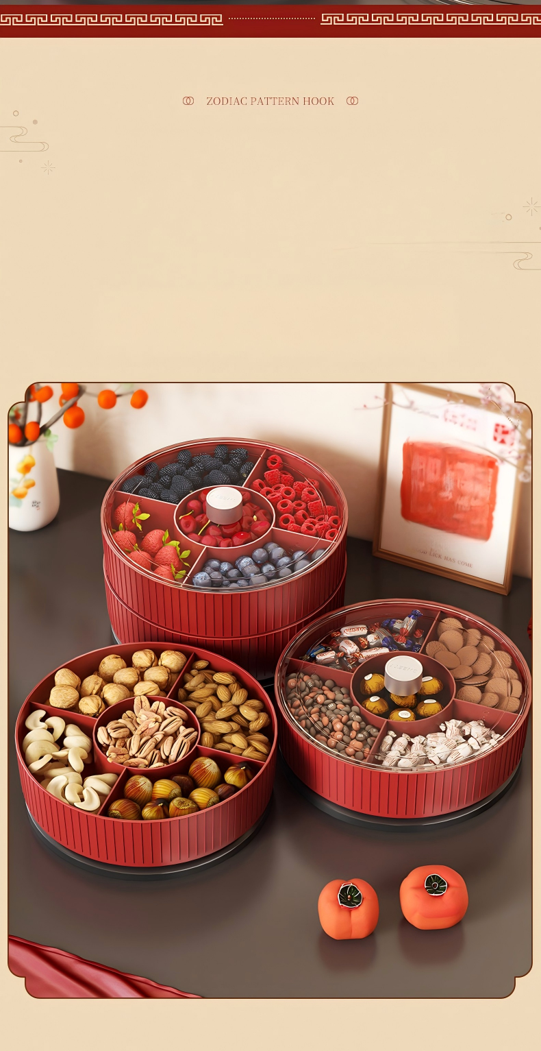 Chinese-Style Divided Snack Tray - Round Plastic Serving Platter for Nuts, Fruit & Candy