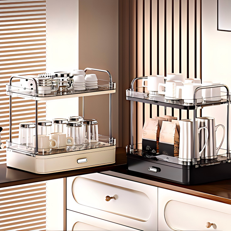 2-Tier Cup Holder Rack with Drainage - Transparent Freestanding Mug & Cup Organizer