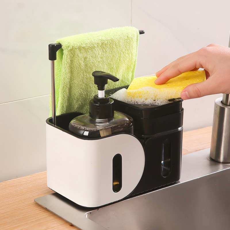 Multifunctional Standing Kitchen Soap Dispenser with Manual Pump & Cloth Rack