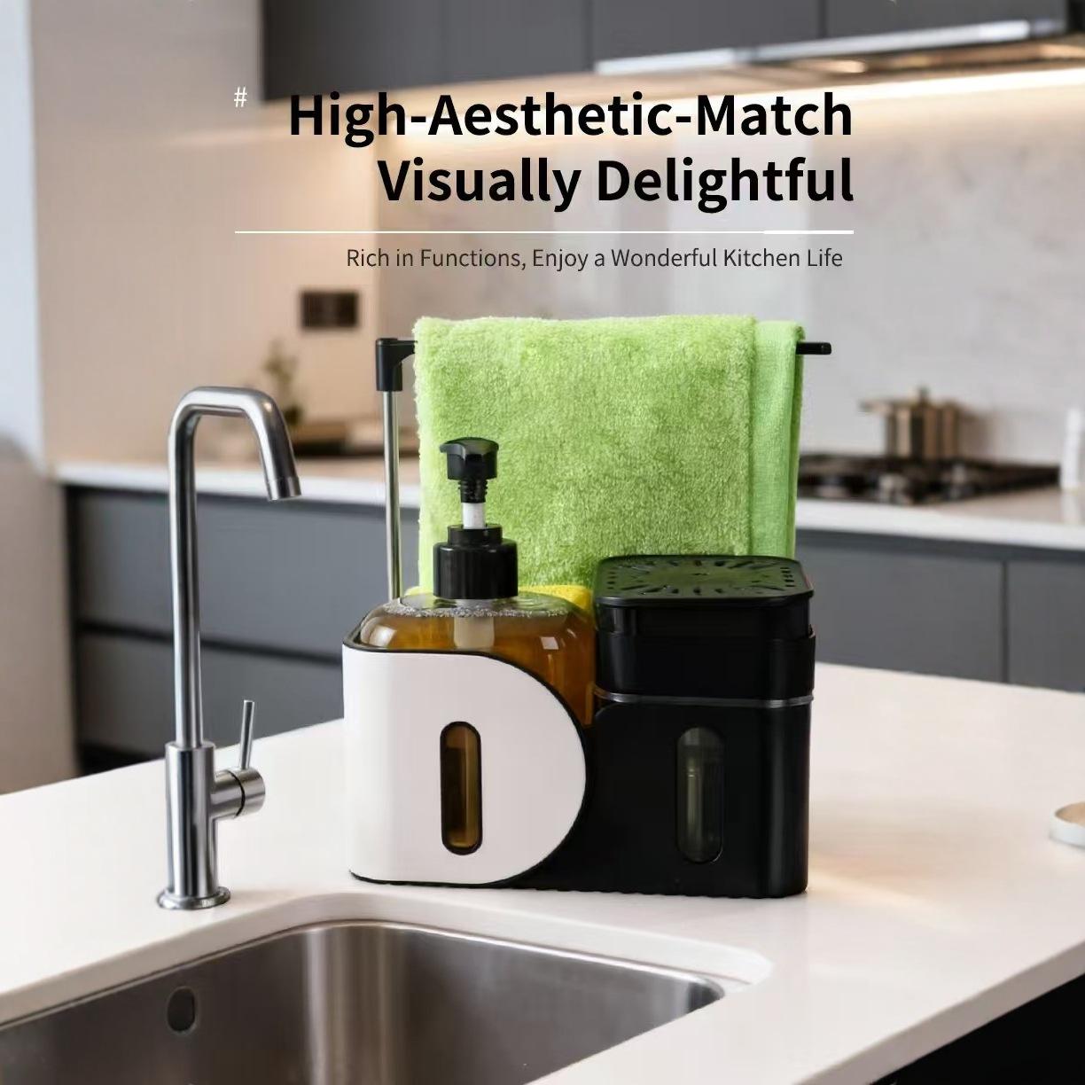 Multifunctional Standing Kitchen Soap Dispenser with Manual Pump & Cloth Rack