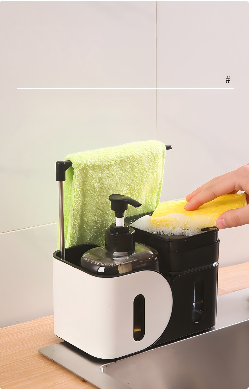 Multifunctional Standing Kitchen Soap Dispenser with Manual Pump & Cloth Rack