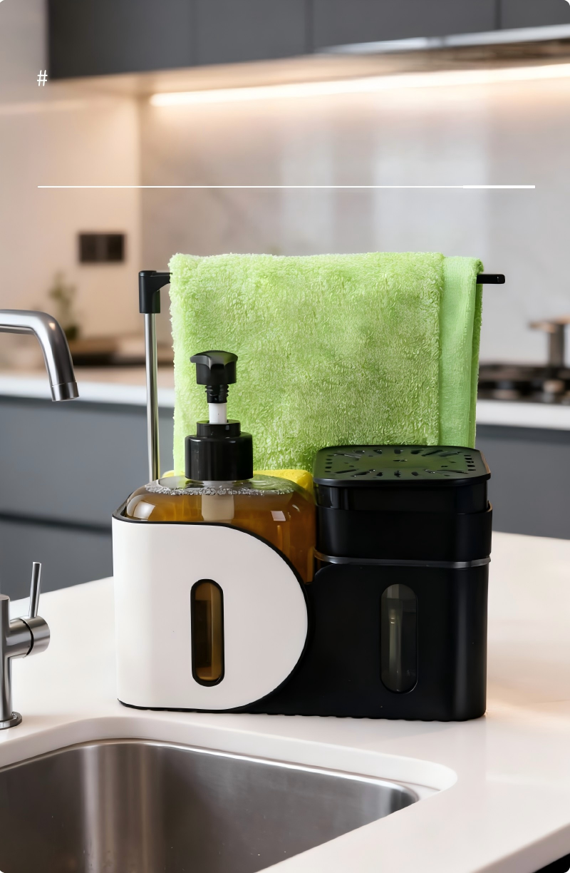 Multifunctional Standing Kitchen Soap Dispenser with Manual Pump & Cloth Rack