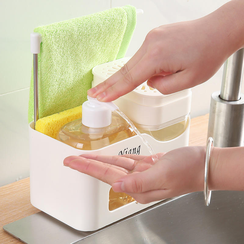 ABS Soap Dispenser with Towel Rack - Push-Pump Kitchen & Bathroom Organizer (Black / White)