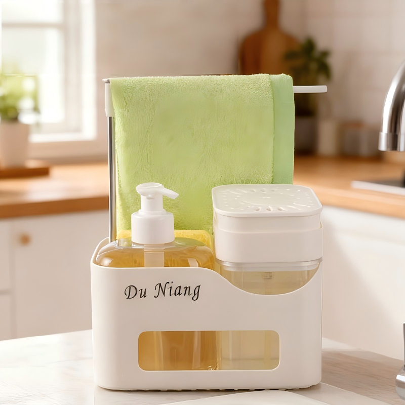 ABS Soap Dispenser with Towel Rack - Push-Pump Kitchen & Bathroom Organizer (Black / White)