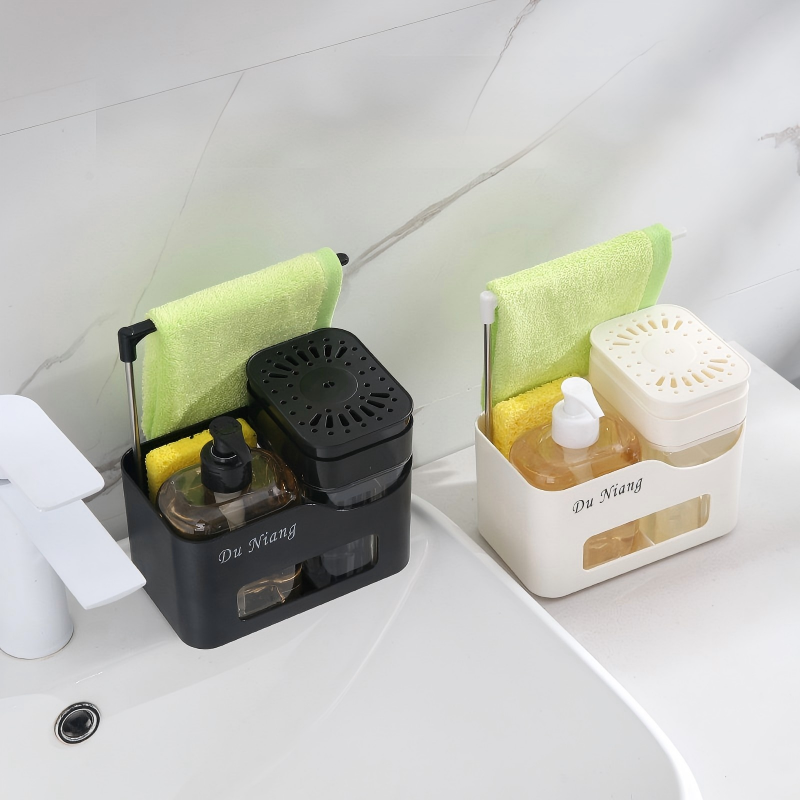 ABS Soap Dispenser with Towel Rack - Push-Pump Kitchen & Bathroom Organizer (Black / White)