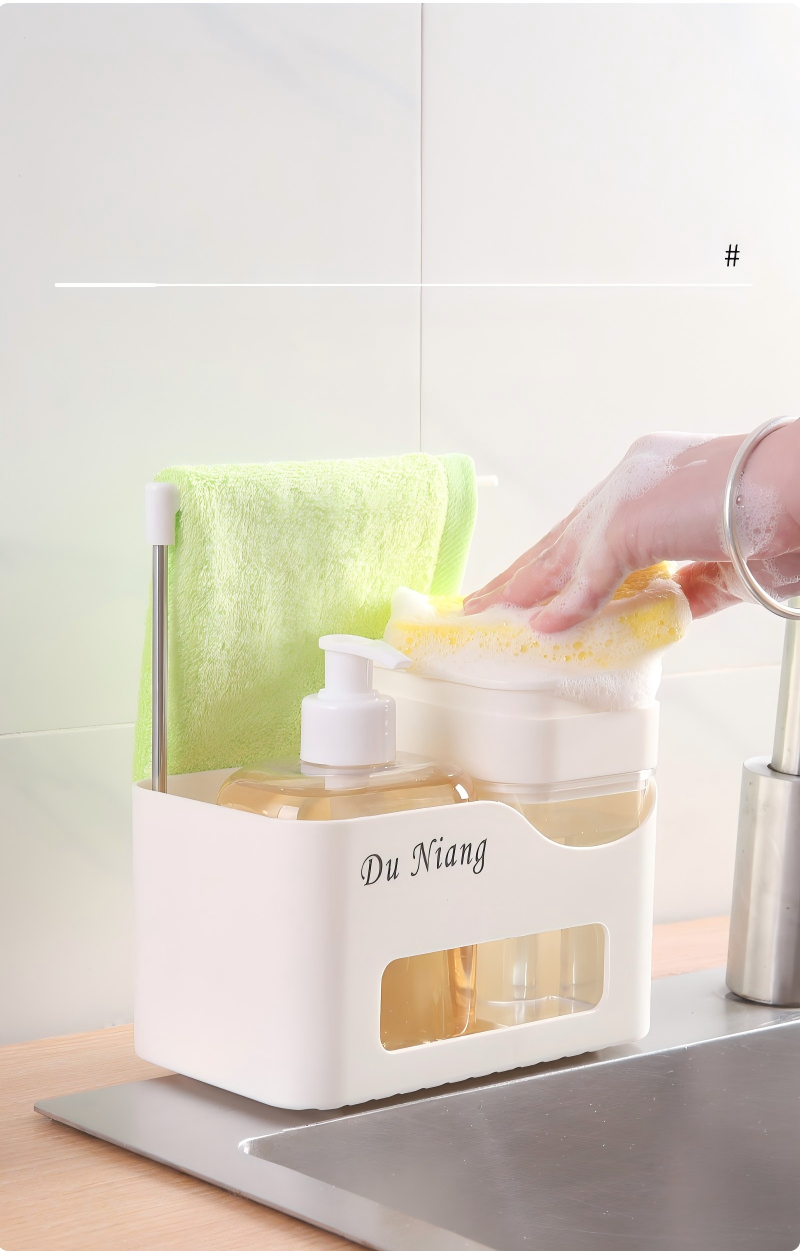 ABS Soap Dispenser with Towel Rack - Push-Pump Kitchen & Bathroom Organizer (Black / White)