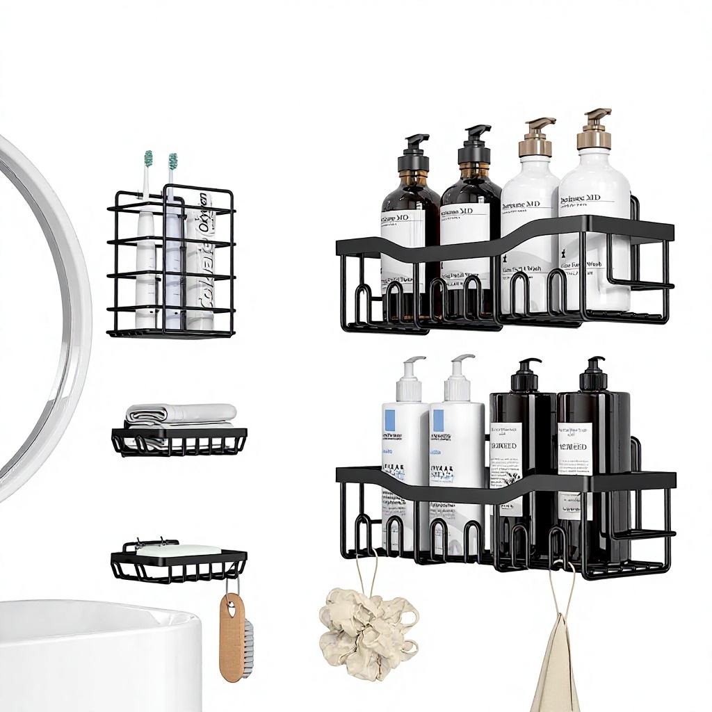No-Drill Wall-Mounted Bathroom Shelf - Metal Toiletry Storage Rack (Black)