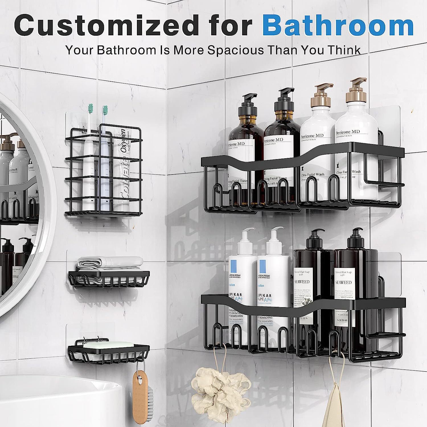 No-Drill Wall-Mounted Bathroom Shelf - Metal Toiletry Storage Rack (Black)