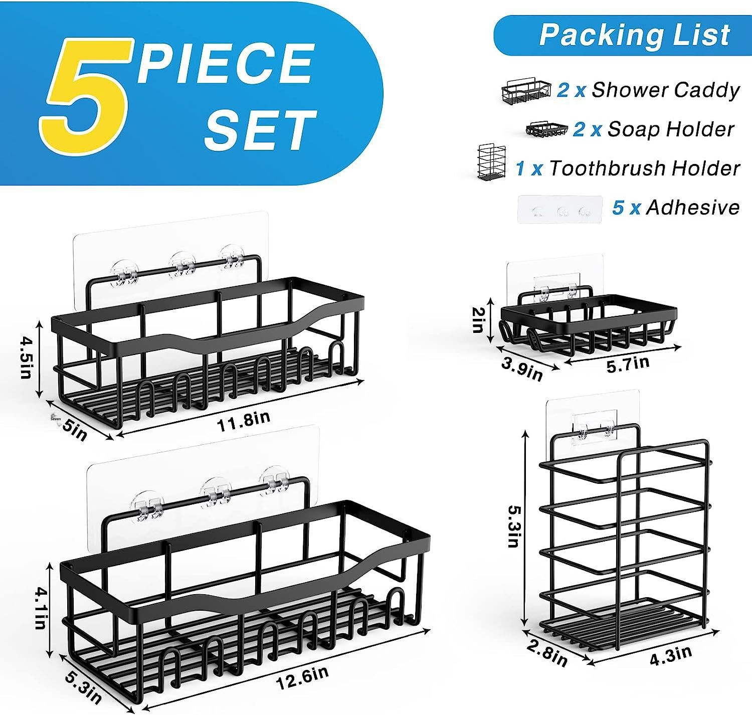 No-Drill Wall-Mounted Bathroom Shelf - Metal Toiletry Storage Rack (Black)