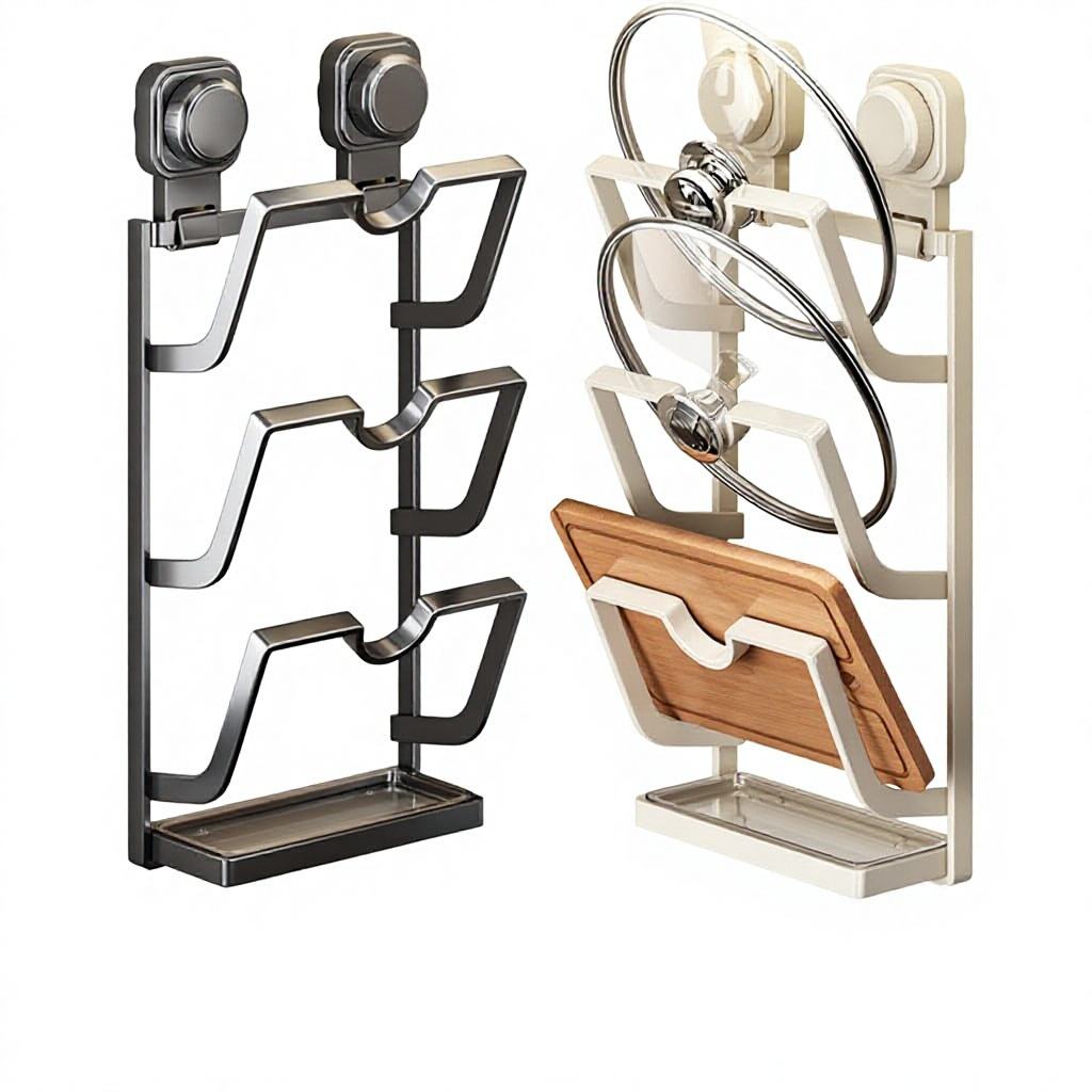 No-Drill Wall-Mounted Carbon Steel Kitchen Rack - 2/3-Tier Shelf for Cutting Boards & Utensils