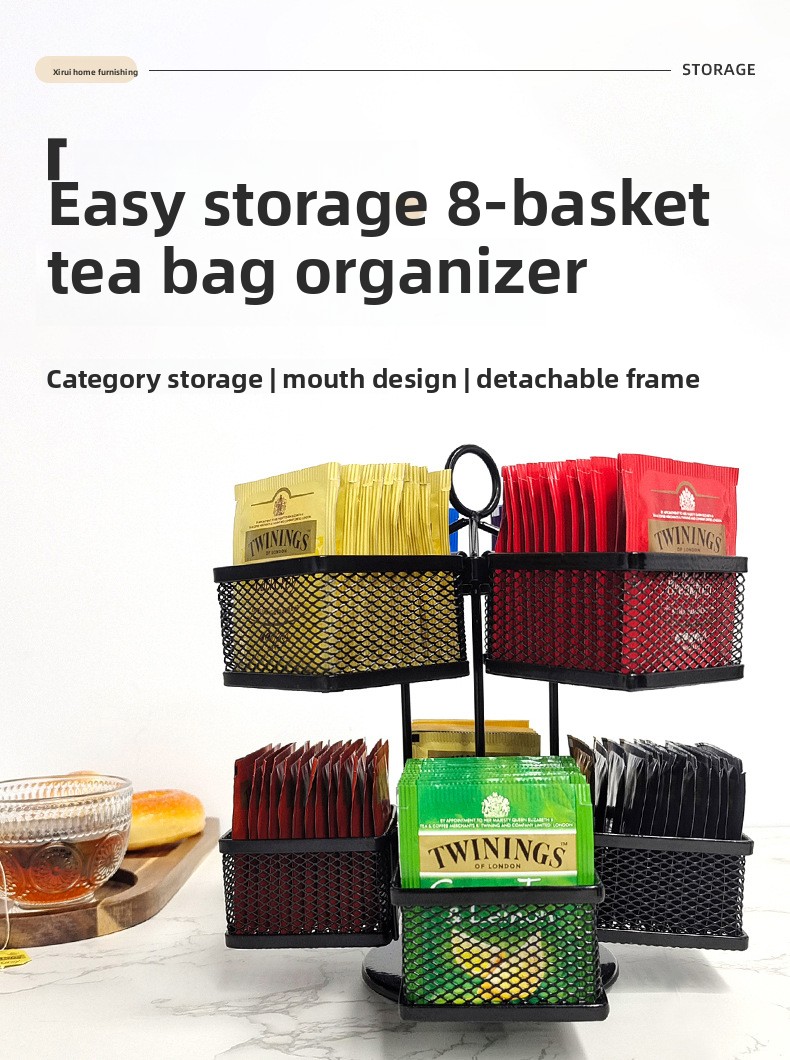 Magnetic Wrought Iron Tea Bag Holder - 7.3 x 7.3 x 7 cm Open Basket for 6 Tea Bags
