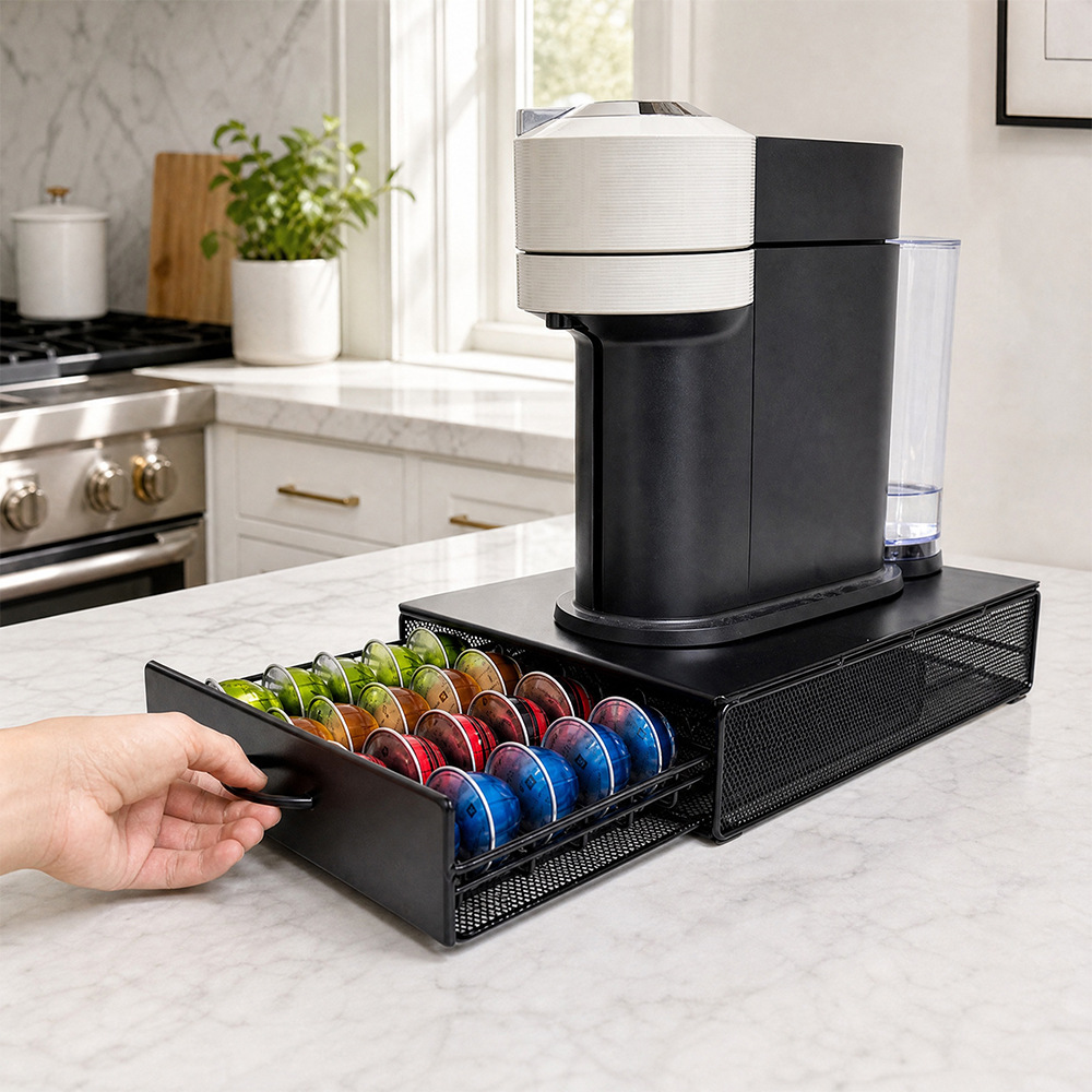 Iron Coffee Capsule Storage Box with Drawer - 40-Capsule Organizer for Home & Commercial Use