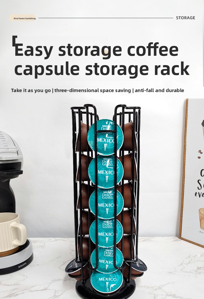 Rotating Iron Coffee Capsule Holder - 24-Capsule Carousel Rack for Dolce Gusto