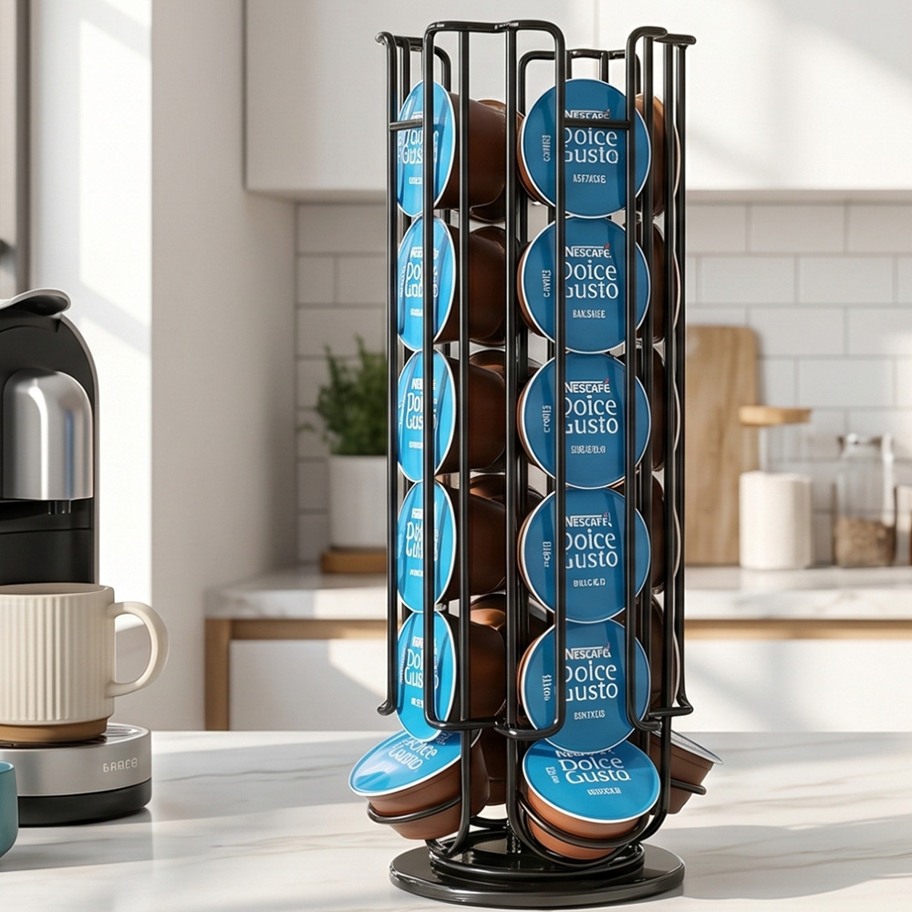 Rotating Iron Coffee Capsule Holder - 24-Capsule Carousel Rack for Dolce Gusto
