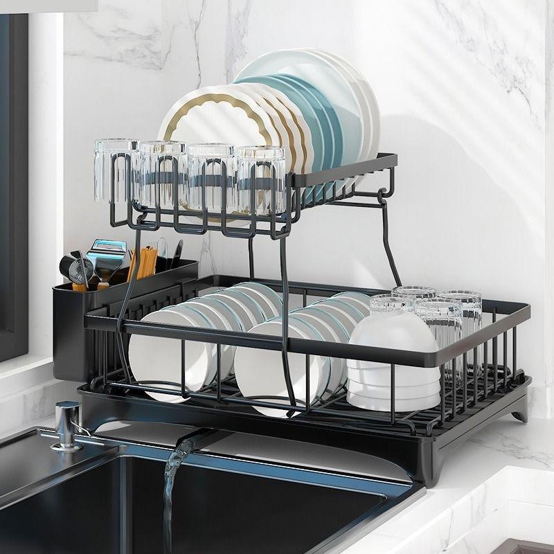 2-Tier Foldable Carbon Steel Dish Drying Rack - Detachable Standing Kitchen Organizer