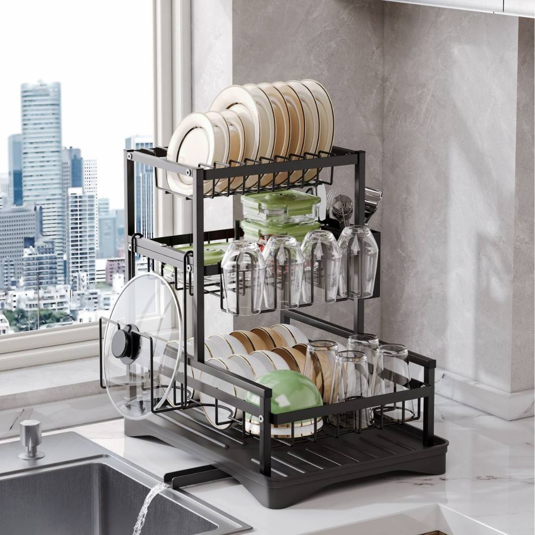 2-Tier Foldable Carbon Steel Dish Drying Rack - Detachable Standing Kitchen Organizer