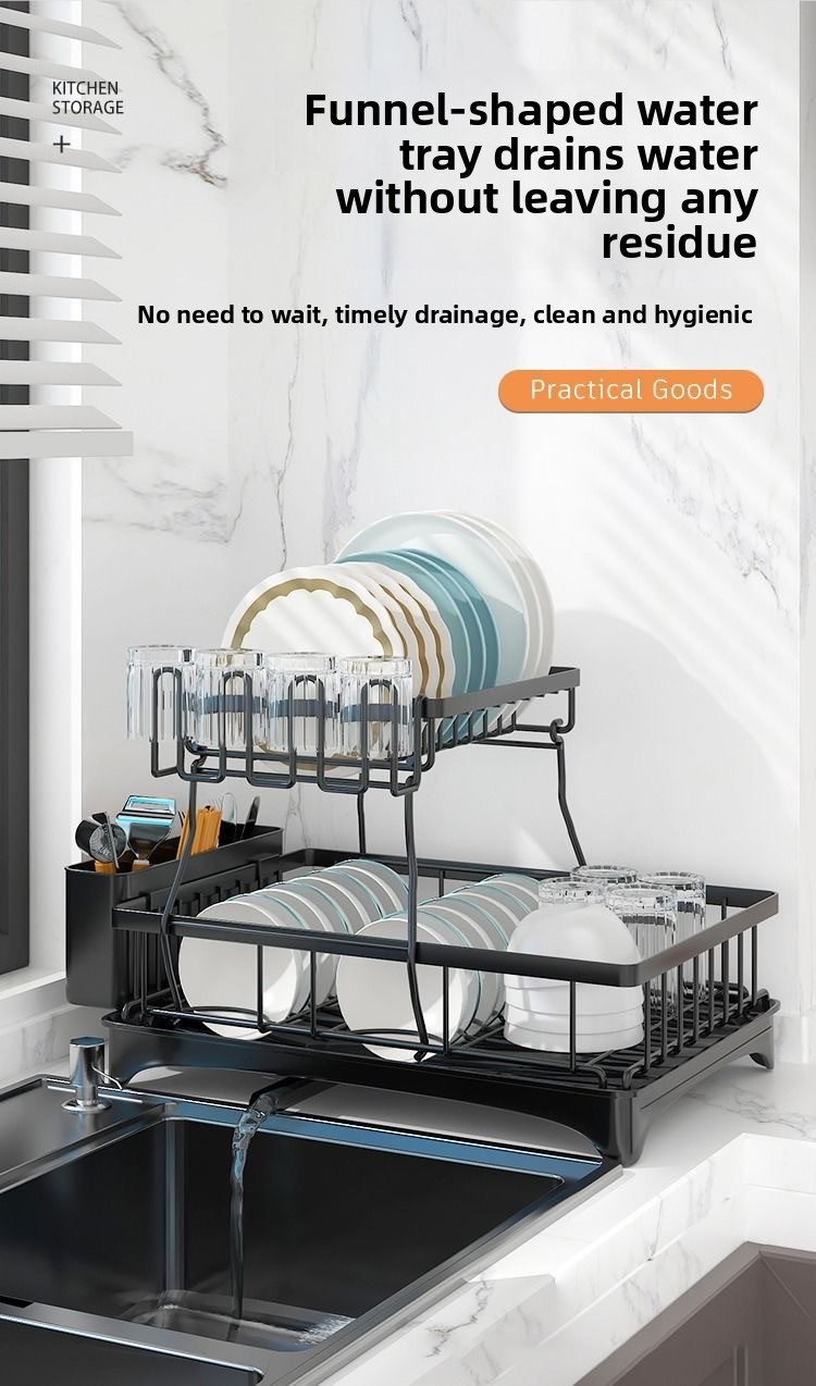 2-Tier Foldable Carbon Steel Dish Drying Rack - Detachable Standing Kitchen Organizer