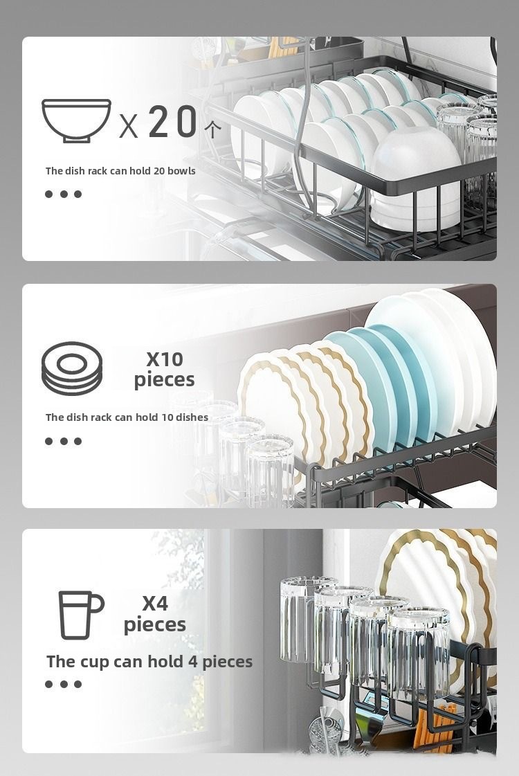 2-Tier Foldable Carbon Steel Dish Drying Rack - Detachable Standing Kitchen Organizer