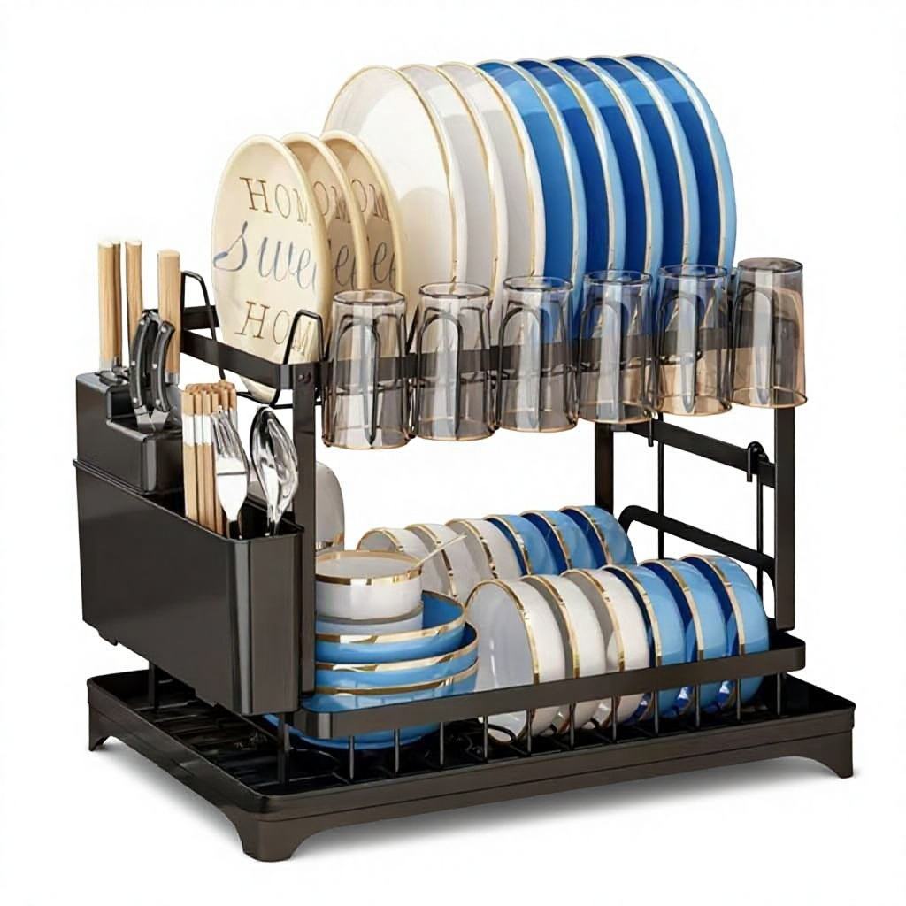 Foldable Carbon Steel Dish Rack - Modern Standing Kitchen Plate & Bowl Organizer