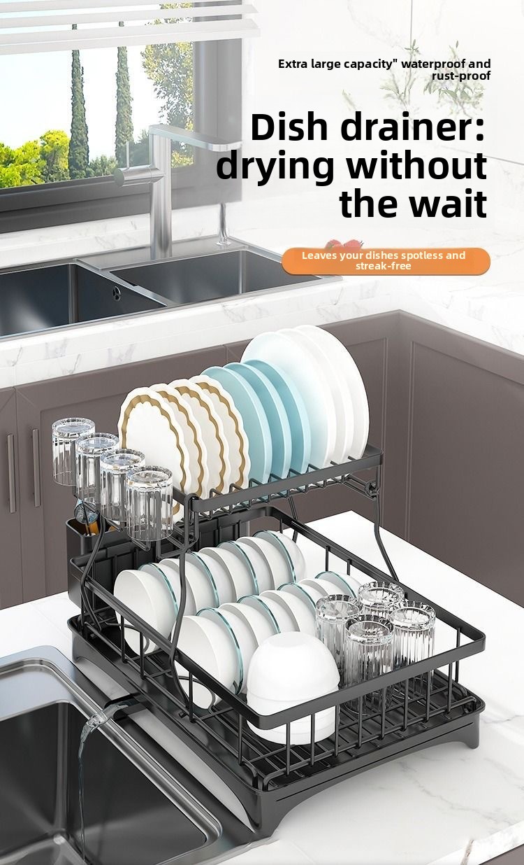 2-Tier Foldable Metal Kitchen Storage Rack - Modern Minimalist Tableware Organizer