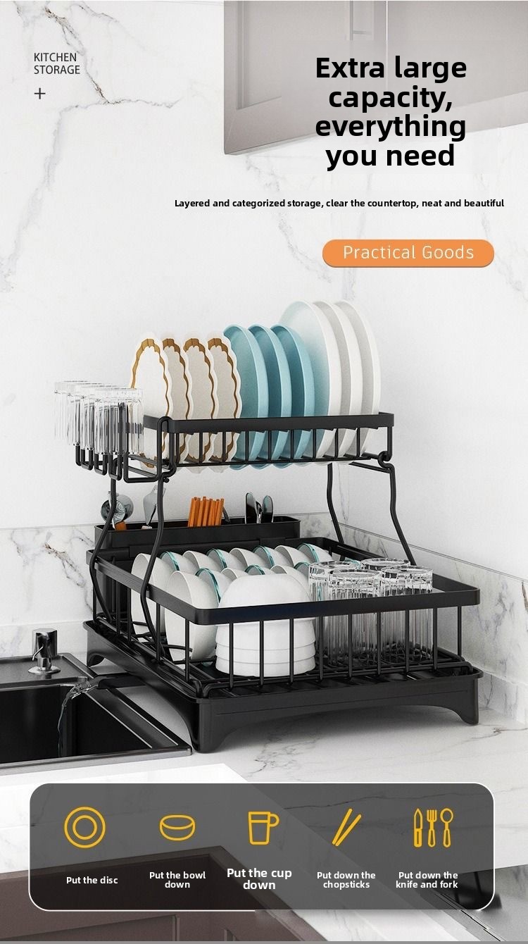 2-Tier Foldable Metal Kitchen Storage Rack - Modern Minimalist Tableware Organizer