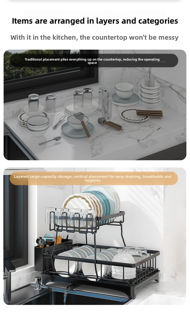 2-Tier Foldable Metal Kitchen Storage Rack - Modern Minimalist Tableware Organizer