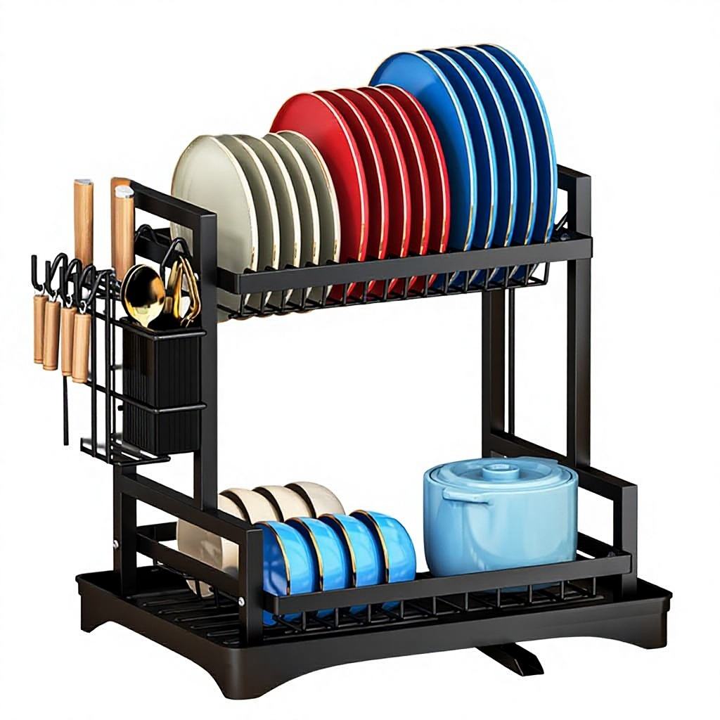 2-Tier Foldable Carbon Steel Dish Rack with Utensil Holder - Kitchen Countertop Drainer