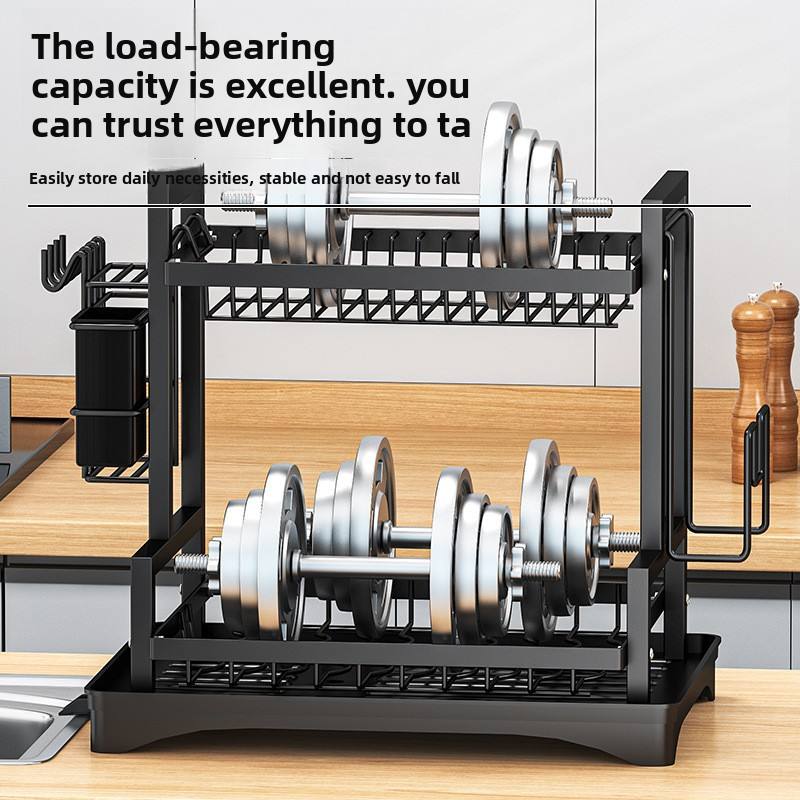 2-Tier Foldable Carbon Steel Dish Rack with Utensil Holder - Kitchen Countertop Drainer