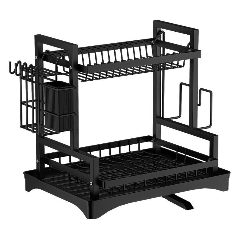 2-Tier Foldable Carbon Steel Dish Rack with Utensil Holder - Kitchen Countertop Drainer