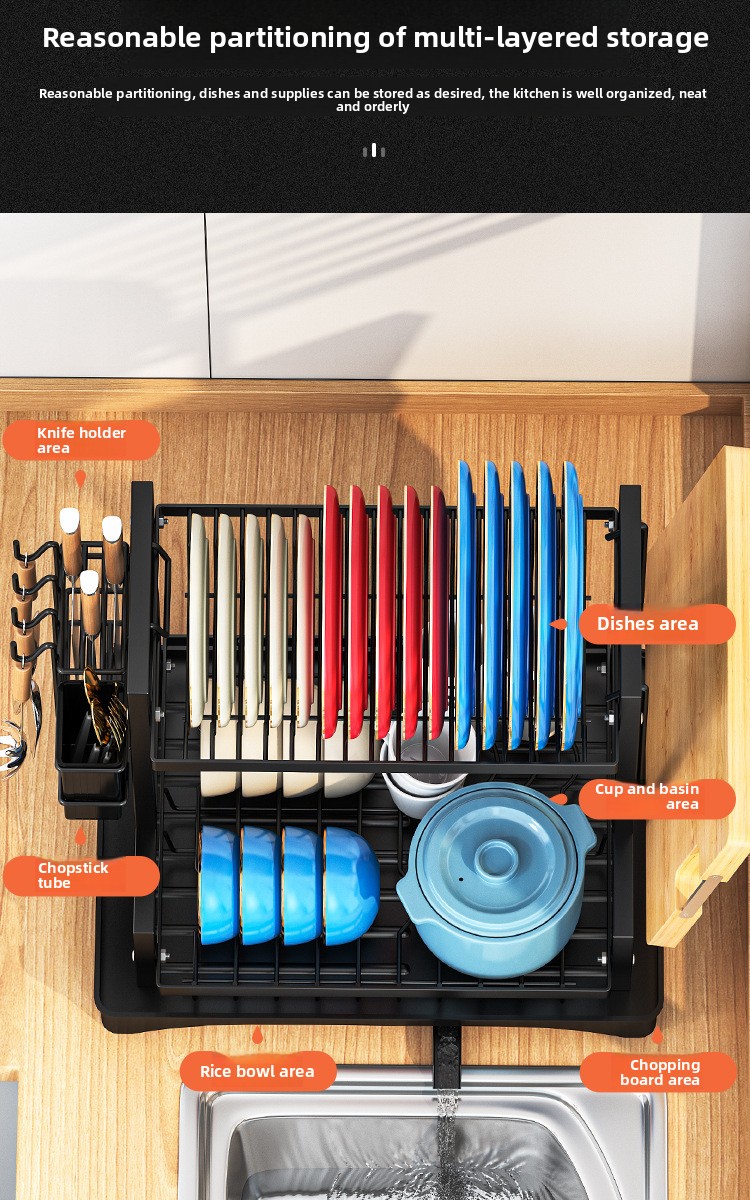 2-Tier Foldable Carbon Steel Dish Rack with Utensil Holder - Kitchen Countertop Drainer