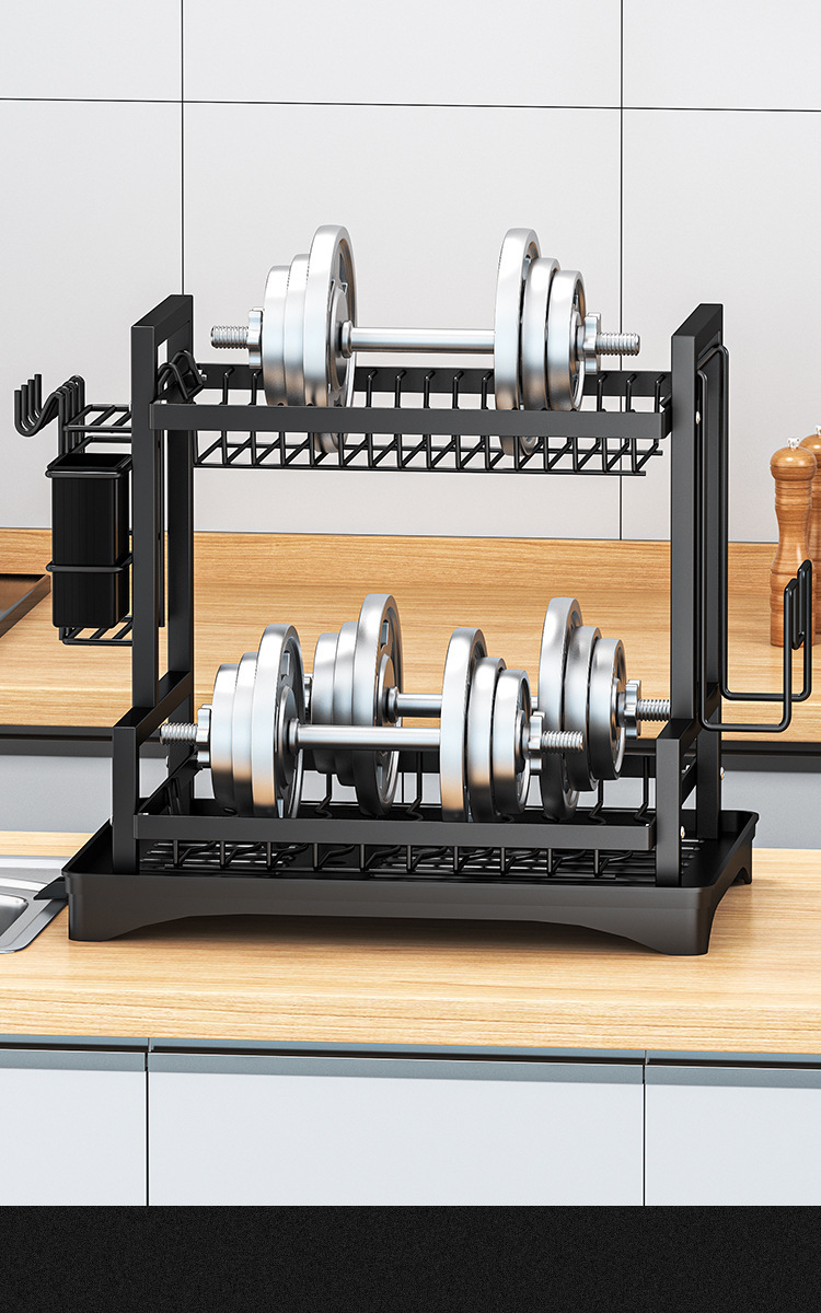 2-Tier Foldable Carbon Steel Dish Rack with Utensil Holder - Kitchen Countertop Drainer