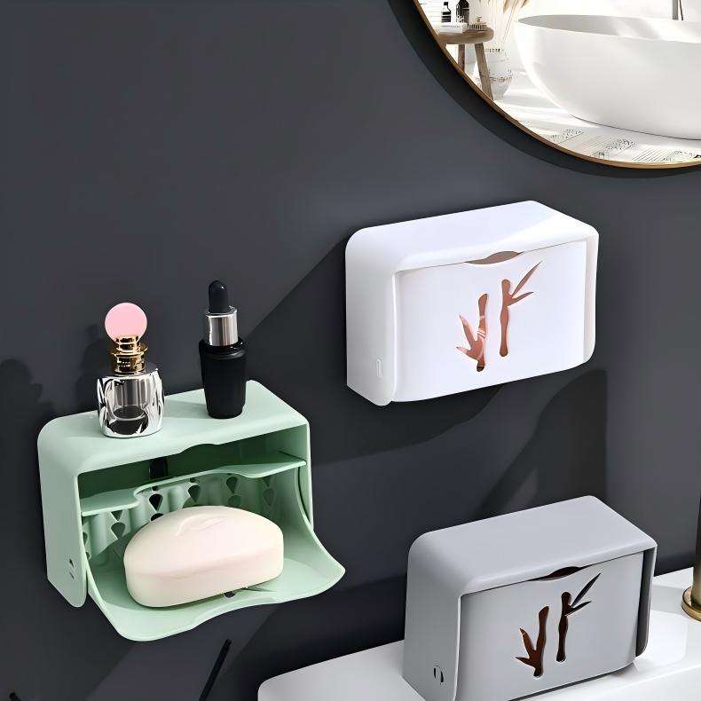 Wall-Mounted Soap Dish with Lid - Suction PP Drainage Soap Holder for Bathroom