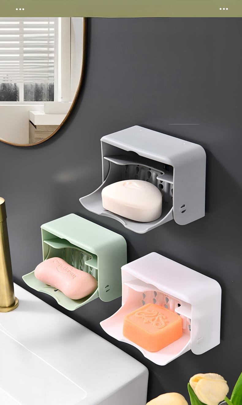 Wall-Mounted Soap Dish with Lid - Suction PP Drainage Soap Holder for Bathroom