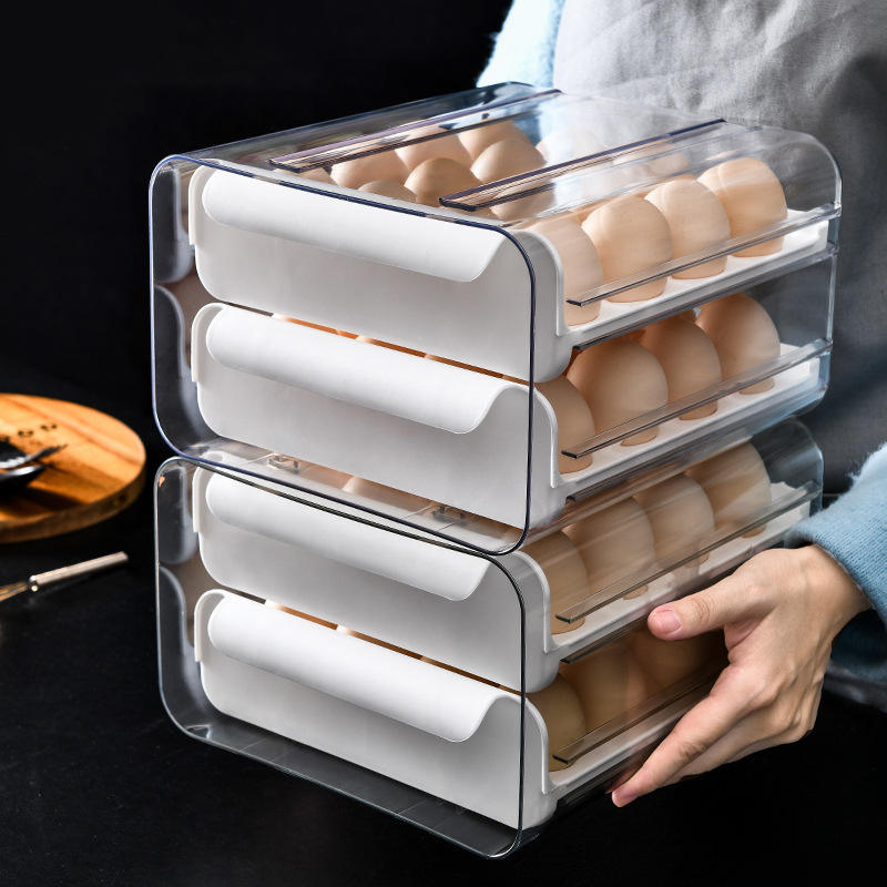 Double-Layer Drawer Egg Storage Box - Stackable PET Fridge Egg Container