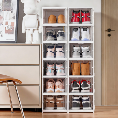 Foldable Transparent Shoe Cabinet with Magnetic Door - Stackable PET Shoe Organizer