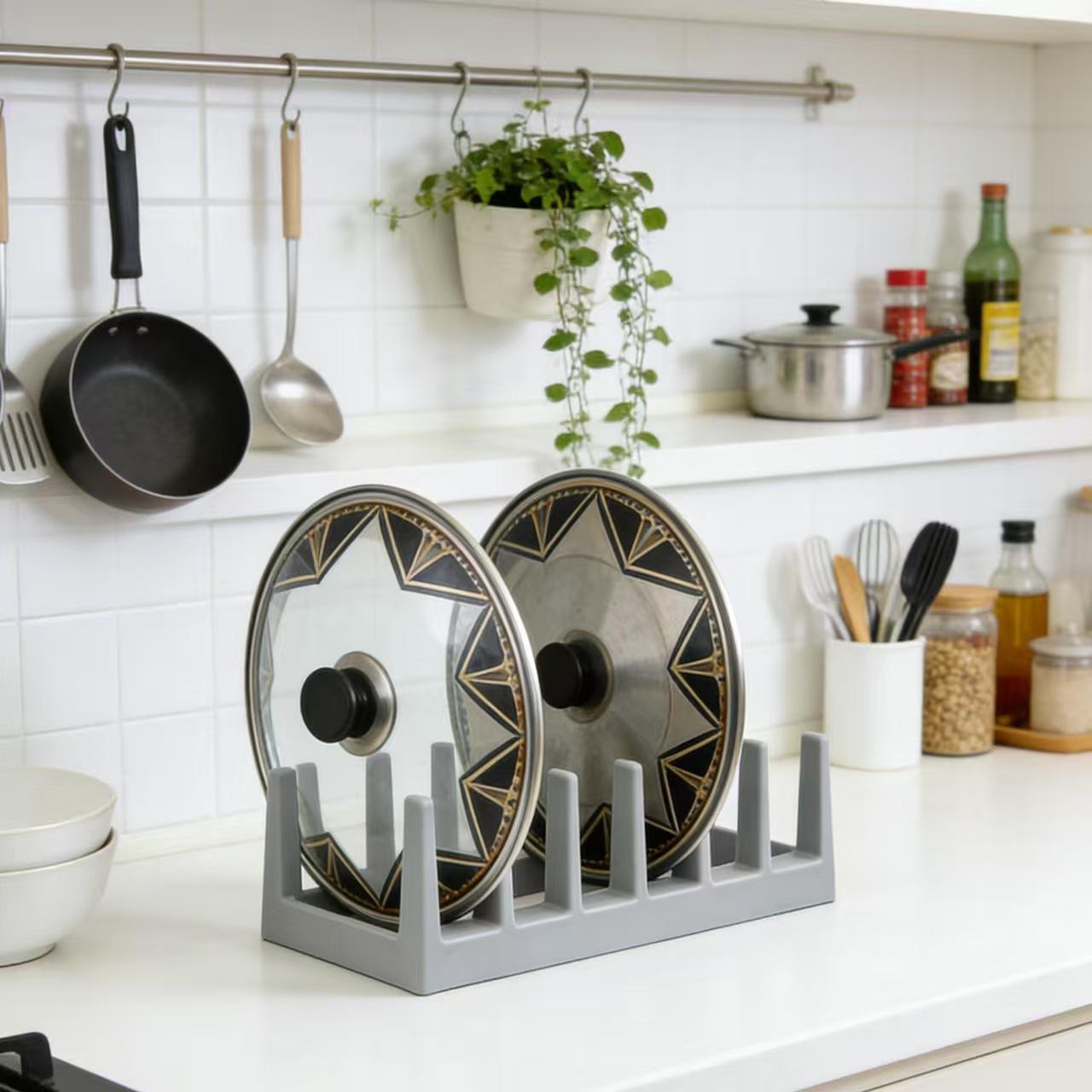 PP Kitchen Pot Lid & Dish Rack - Countertop Cutting Board Holder, Grey