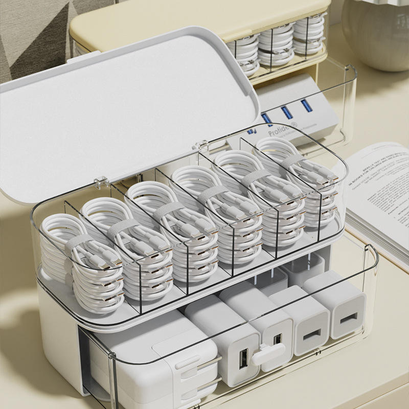 Stackable Cable Organizer Box with Dividers - PP Wire Storage Case for Home Office