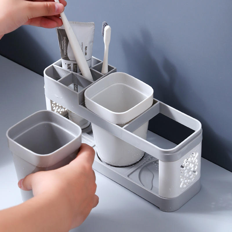 No-Drill Toothbrush Holder with 2 Cups - Plastic Bathroom Wall Organizer