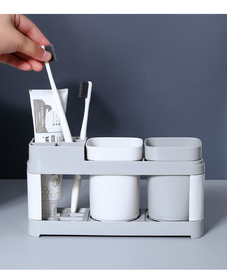 No-Drill Toothbrush Holder with 2 Cups - Plastic Bathroom Wall Organizer