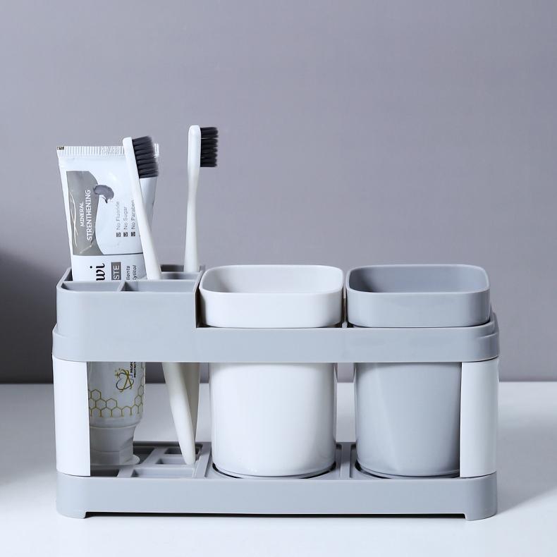 No-Drill Toothbrush Holder with 2 Cups - Plastic Bathroom Wall Organizer