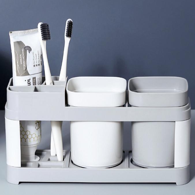 No-Drill Toothbrush Holder with 2 Cups - Plastic Bathroom Wall Organizer