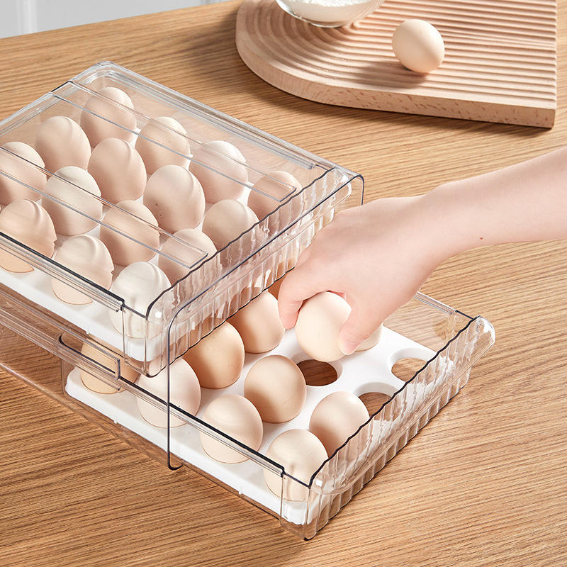 Egg Storage Box - Transparent PET Double-Layer Pull-Out Fridge Drawer Container