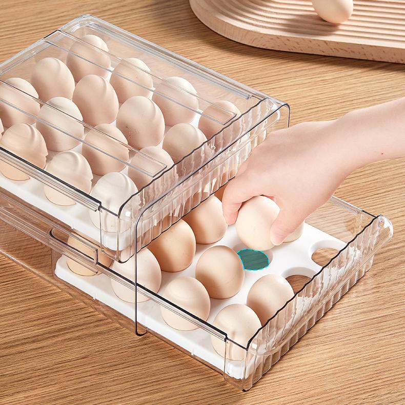 Egg Storage Box - Transparent PET Double-Layer Pull-Out Fridge Drawer Container