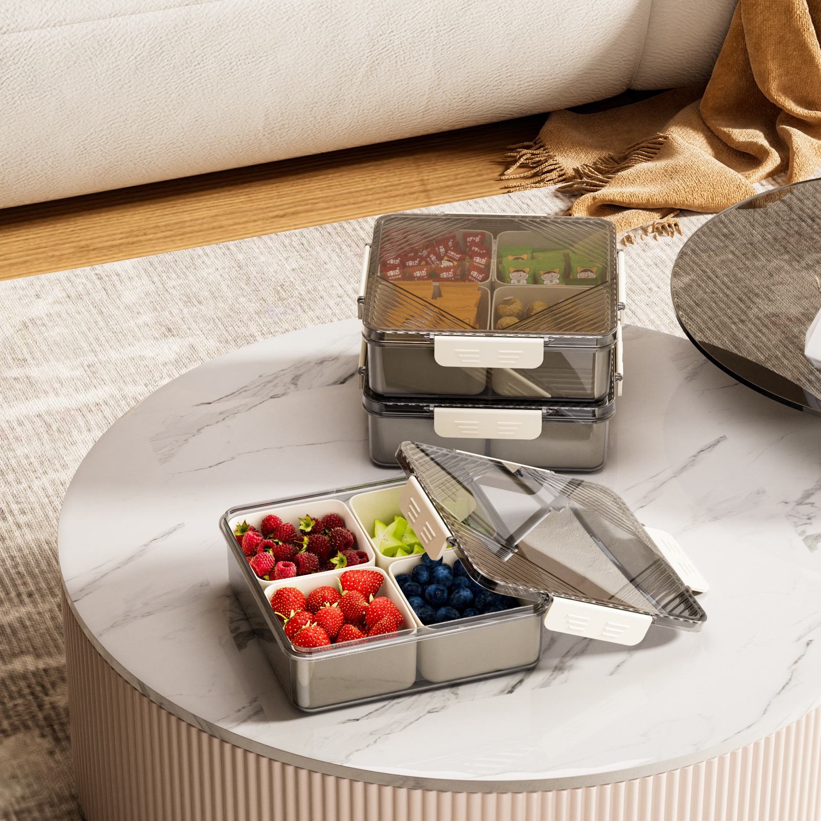 Lidded Rectangular Plastic Tray - Sealed Snack & Fruit Storage Tray for Coffee Table