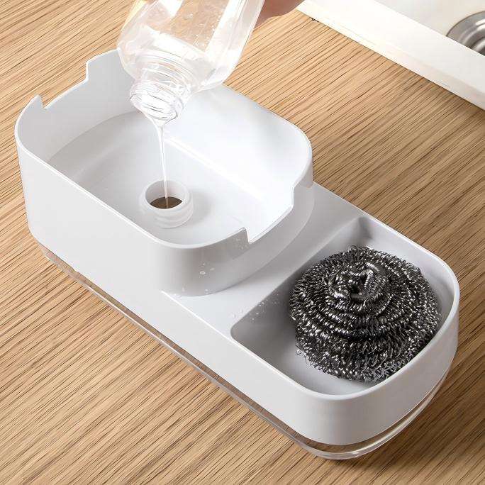 2-in-1 Kitchen Soap Dispenser with Sponge Rack - Press Dish Soap Pump & Sink Organizer