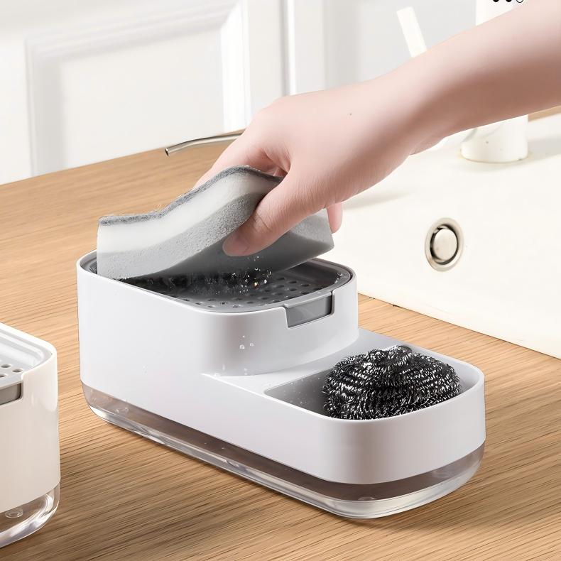 2-in-1 Kitchen Soap Dispenser with Sponge Rack - Press Dish Soap Pump & Sink Organizer
