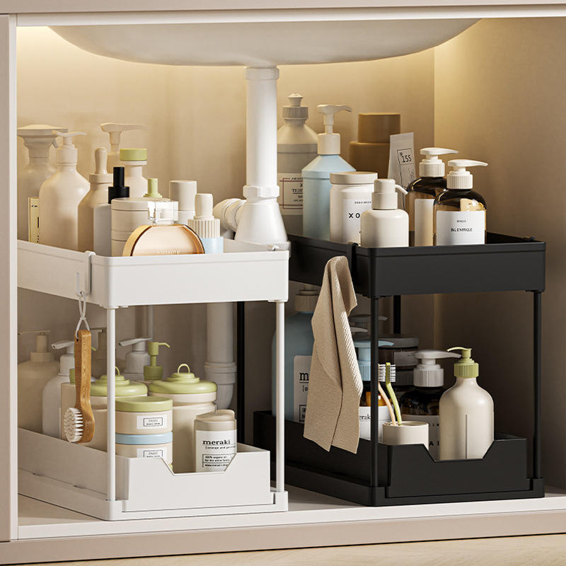 2-Layer Pull-Out Under-Sink Storage Rack - Multi-Function Plastic Organizer with Drainage