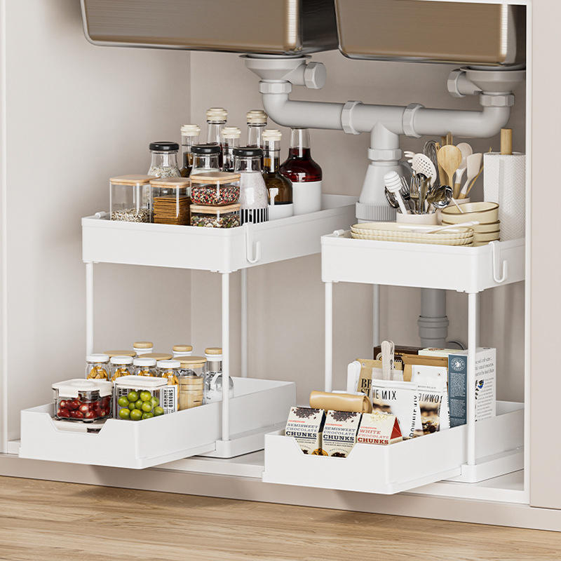 2-Layer Pull-Out Under-Sink Storage Rack - Multi-Function Plastic Organizer with Drainage